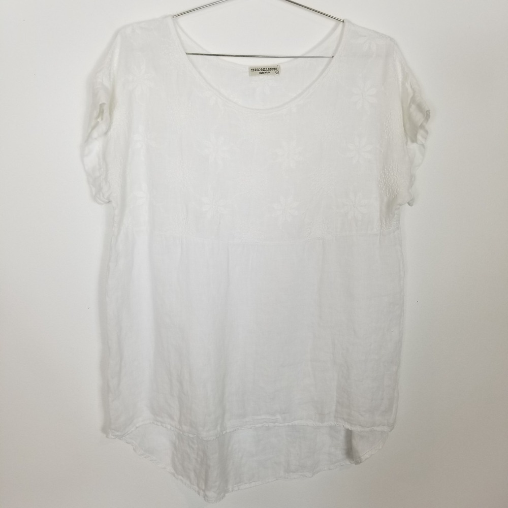 Terzo Millennio Women 100%  Linen Blouse Top Sz L White Tunic Floral Summer Boho